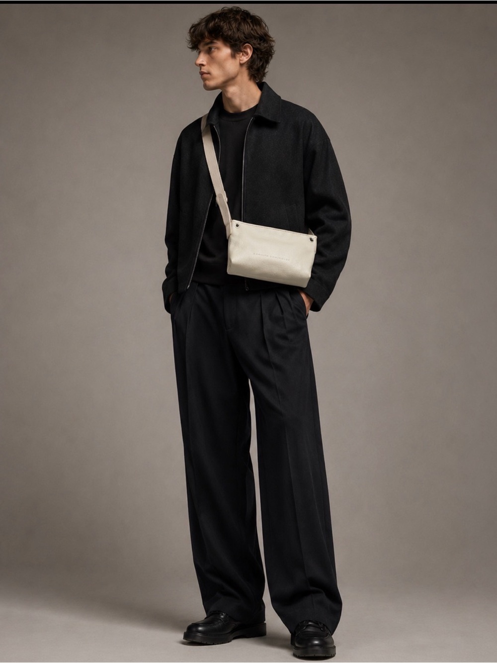 Adolfo Dominguez Ivory Pebbled Leather Crossbody Bag Wide Strap Minimalist Men